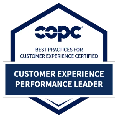 COPC Inc. badge: Best Practices for Customer Experience Certified — Customer Experience Performance Leader